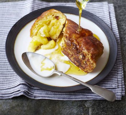 French toast stuffed with banana & maple syrup