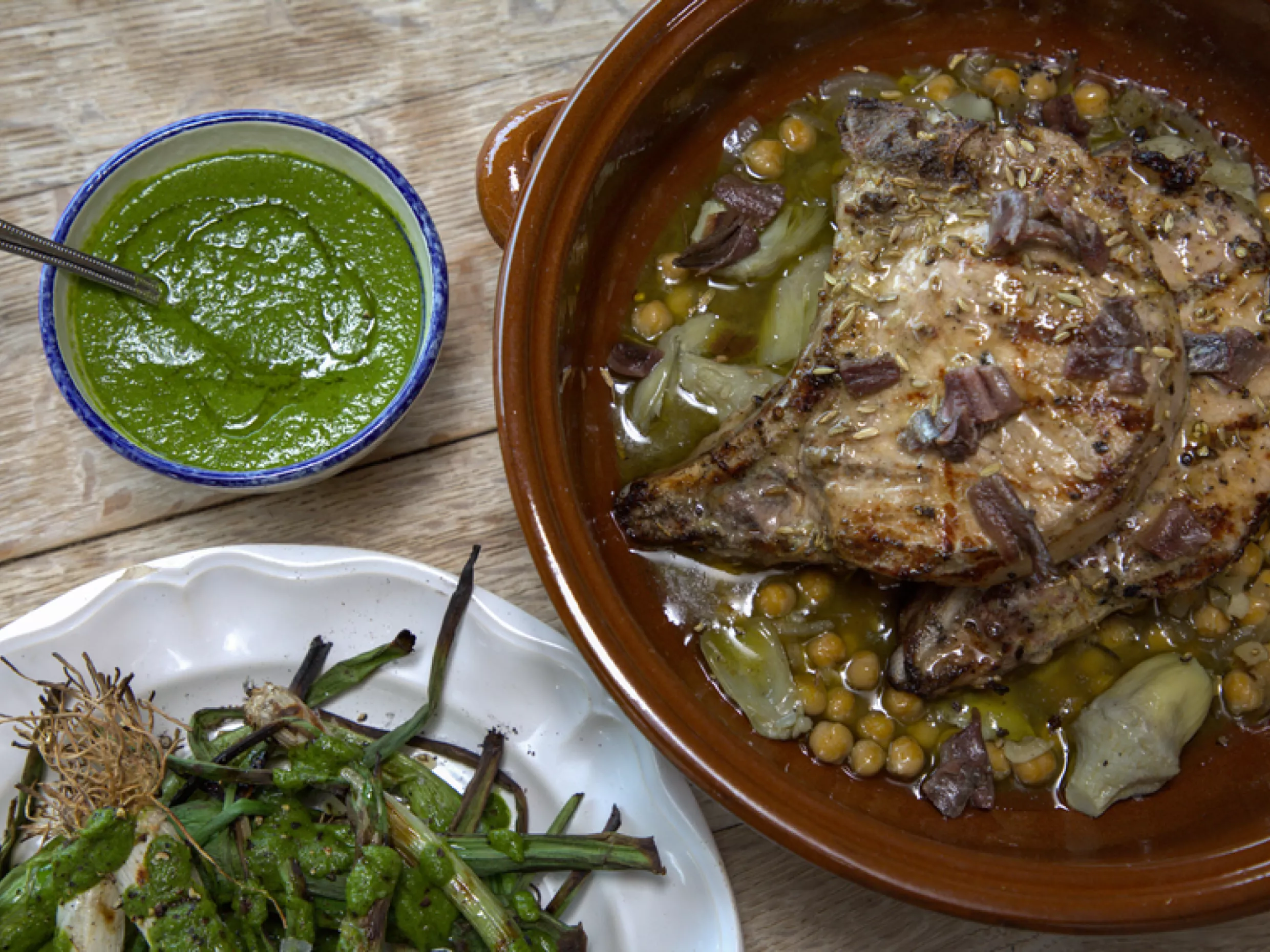 Marcus Wareing's BBQ’d Pork Chops with Spring Onions and Salsa Verde